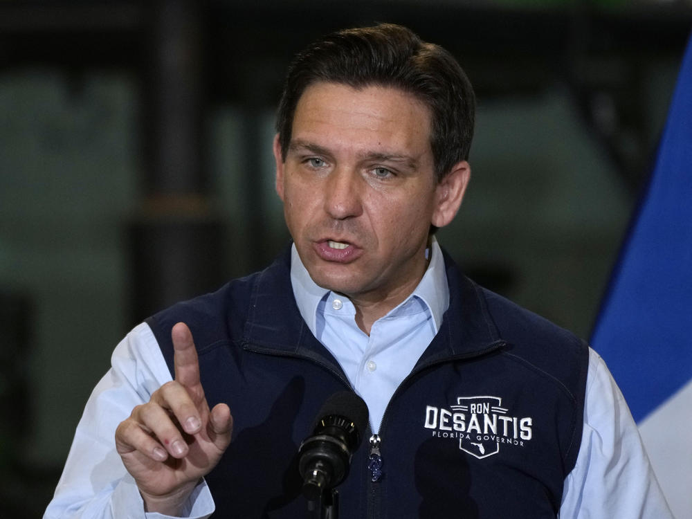 Republican presidential candidate Ron DeSantis, Florida's governor, speaks during a campaign event in Salix, Iowa, on May 31.