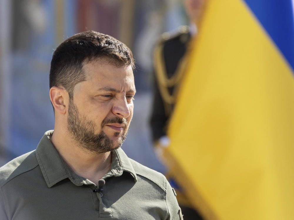 In this photo provided by the Ukrainian Presidential Press Office, Ukrainian President Volodymyr Zelenskyy attends an event for marking Statehood Day in Mykhailivska Square in Kyiv, Friday, July 28, 2023.