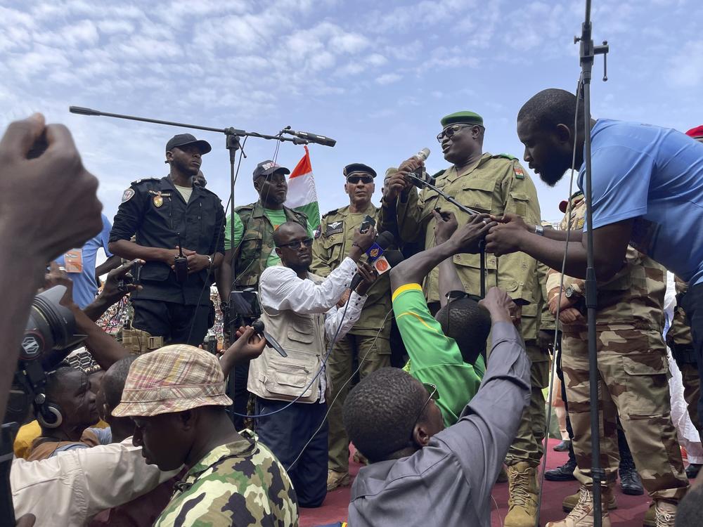Mohamed Toumba, one of the soldiers who ousted Nigerian President Mohamed Bazoum, addresses supporters of Niger's ruling junta in Niamey, Niger, Sunday, Aug. 6, 2023.