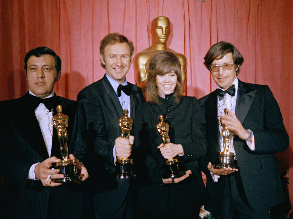 William Friedkin, right, poses with his Oscar for Best Director for <em>The French Connection</em> at the Academy Awards in 1971 with, from left, Philip D'Antoni, producer of the <em>The French Connection</em>, which was also named Best Picture, Gene Hackman, Best Actor for his role in <em>The French Connection</em>, and Jane Fonda, Best Actress for <em>Klute</em>. (AP Photo)