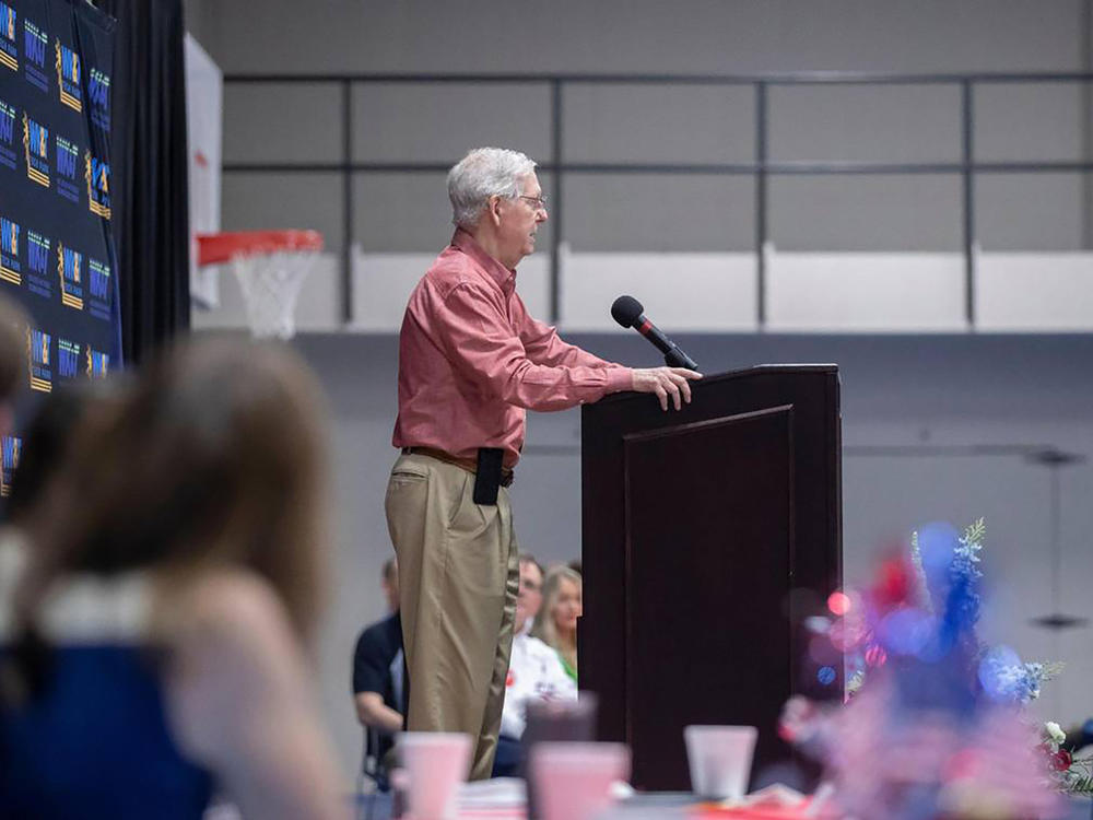 Senate Minority Leader Mitch McConnell speaks at the Graves County Republican Party Breakfast in Mayfield, Ky. on Saturday.
