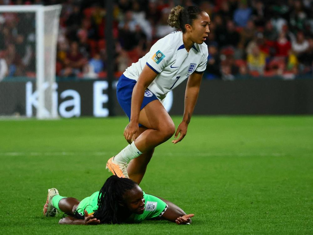 England forward Lauren James steps on Nigeria defender Michelle Alozie during their match in Brisbane, Australia, earning a red card.