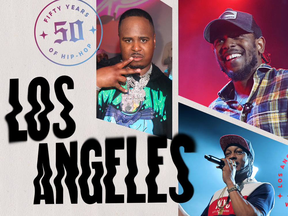 Drakeo the Ruler, Kendrick Lamar, DJ Quik and N.W.A. Collage by Jackie Lay / NPR.