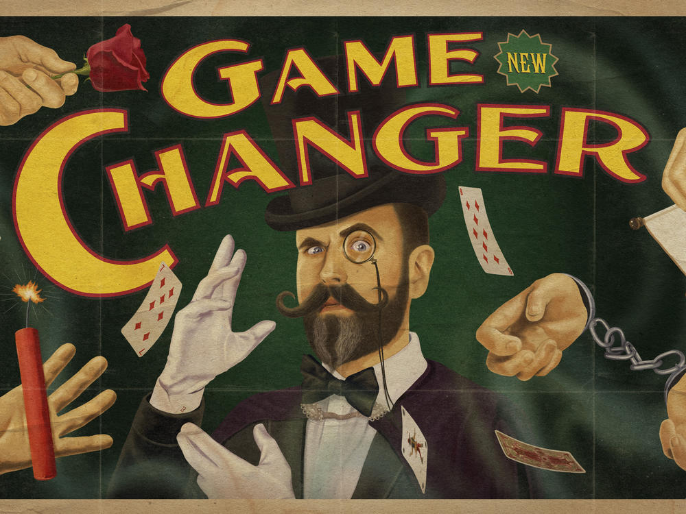 Sam Reich in the poster for <em>Game Changer, </em>a game show he hosts on the streaming platform Dropout.