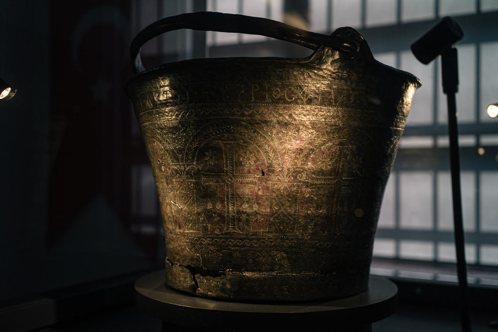 A bronze baptismal bucket found at the Zerzevan Castle site, currently on display at the Archaeology Museum of Diyarbakir.