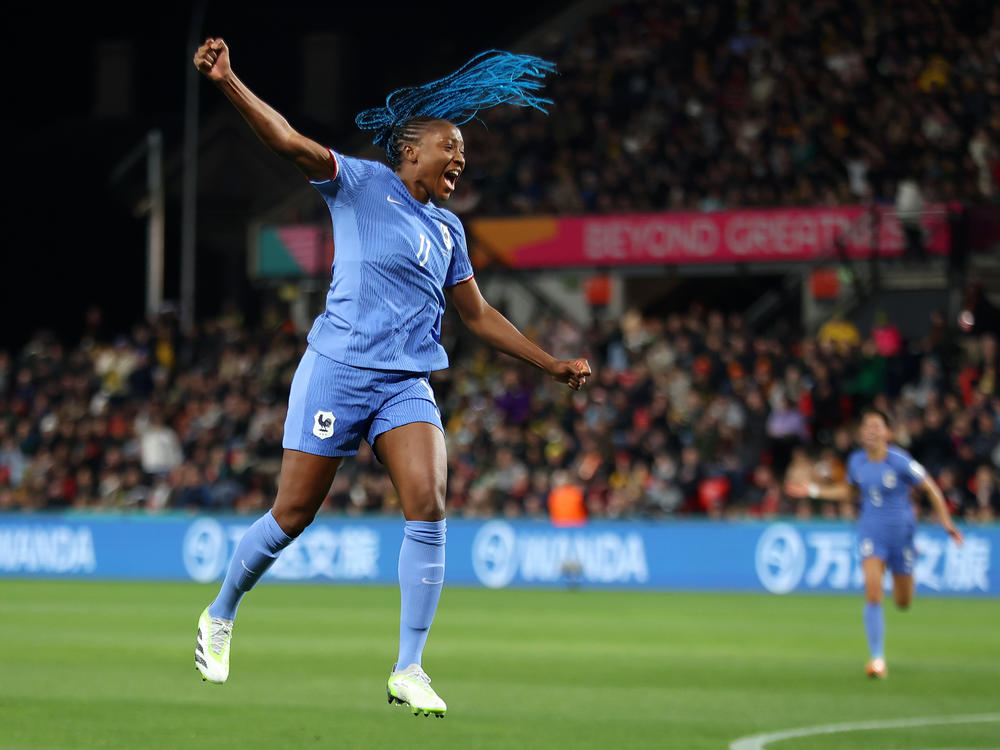 Kadidiatou Diani of France celebrates after scoring on Morocco in the round of 16. Les Bleues now take on host Australia.
