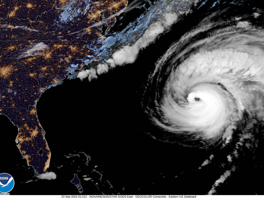 Hurricane Fiona moves up the United States Atlantic coast, Thursday night, Sept. 22, 2022. This image provided by the National Hurricane Center  shows a satellite view as  Hurricane Fiona pounded Bermuda with heavy rains and winds.