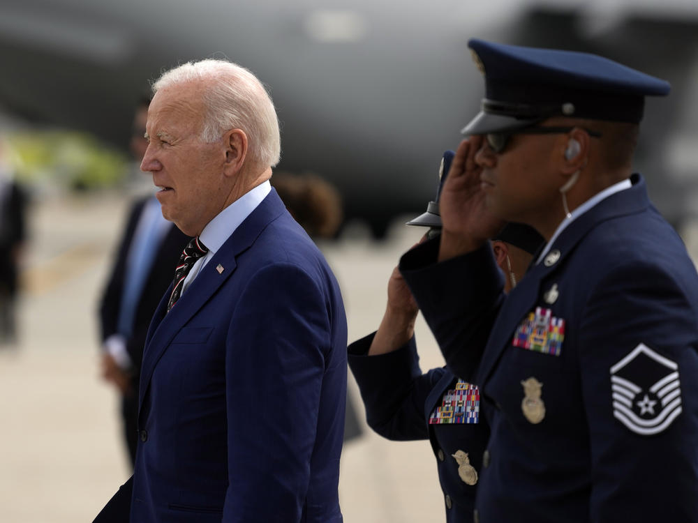 President Joe Biden arrives on Air Force One at Roland R. Wright International Guard Base in Salt Lake City on Wednesday.
