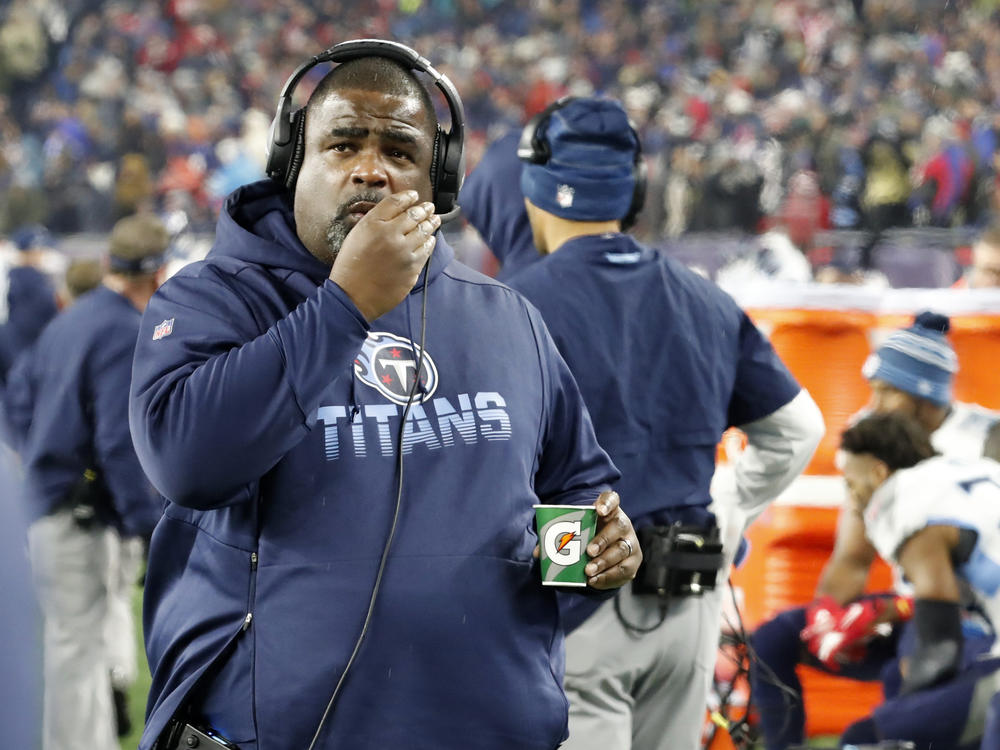 The Tennessee Titans' Mike Vrabel announced Monday that Terrell Williams, their assistant head coach and defensive line assistant, will serve as acting head coach Saturday during the Titans' preseason opener in Chicago. Here, Williams is seen during an AFC Wild Card game against the New England Patriots on Jan. 4, 2020, at Gillette Stadium in Foxborough, Mass.