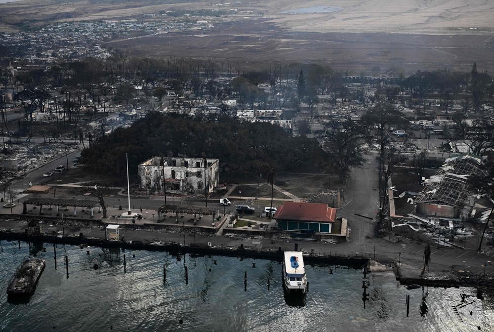 August 10: An aerial view shows the historic Banyan Tree along with destroyed homes, boats, and buildings burned to the ground in the historic Lahaina town in the aftermath of wildfires in western Maui in Lahaina, Hawaii.