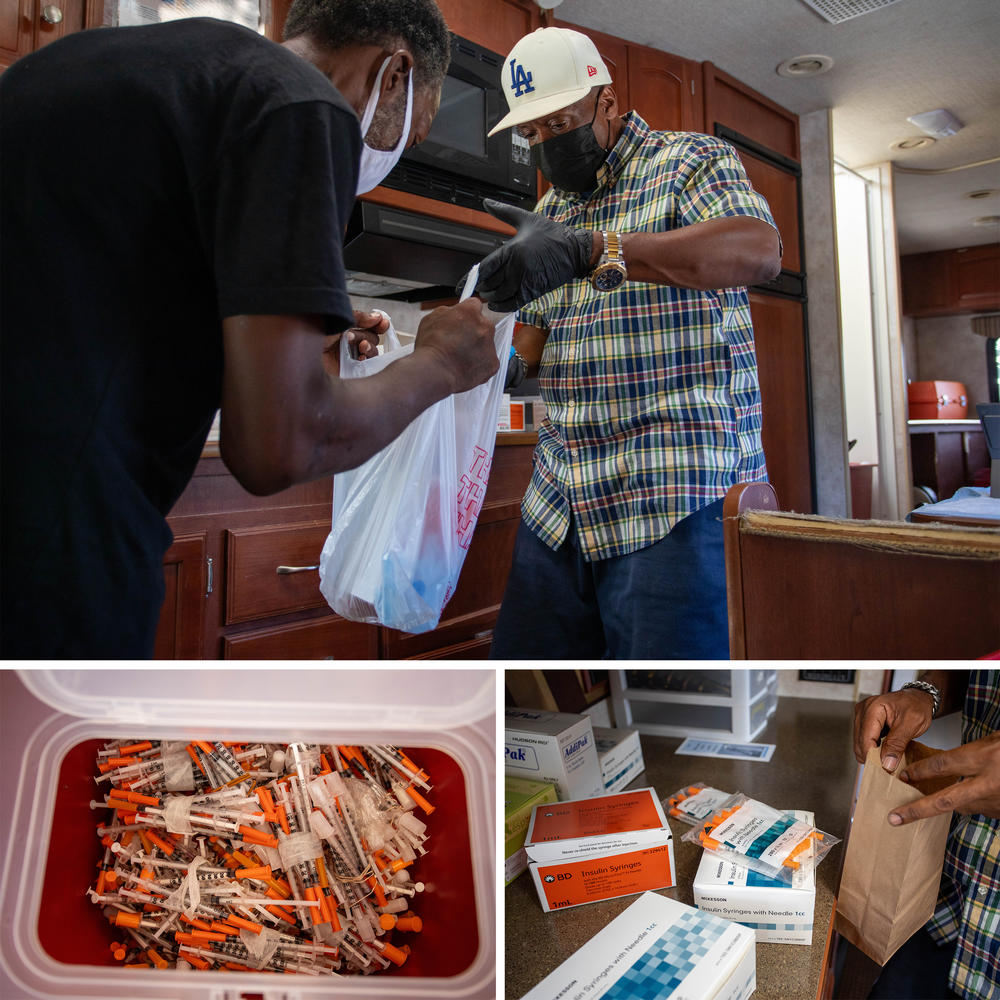 <strong>Top:</strong> Kenneth Pierson (right), a community health educator, hands a plastic bag to a client that includes clean needles, tourniquets, a harm reduction kit and a fentanyl strip test. <strong>Bottom left:</strong> The van can collect up to 7,000 needles a day. The used syringes go into biohazard containers to get destroyed. <strong>Bottom right:</strong> Pierson packs a kit.
