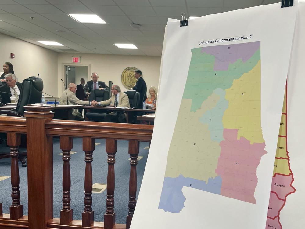 A map of a GOP proposal to redraw Alabama's congressional districts is displayed at the Alabama Statehouse in Montgomery, Ala., during a special session in July.