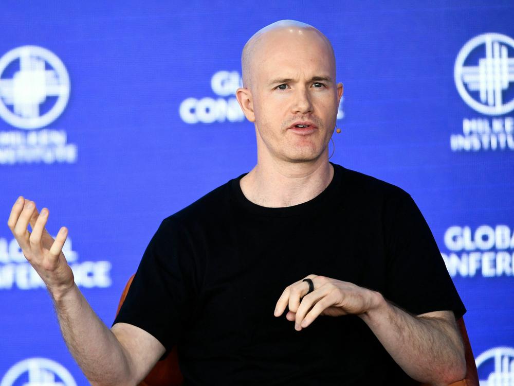 Brian Armstrong, CEO and Co-Founder, Coinbase, speaks during the Milken Institute Global Conference in Beverly Hills on May 2, 2022. The SEC is also suing the U.S. crypto trading platform, alleging securities violations.