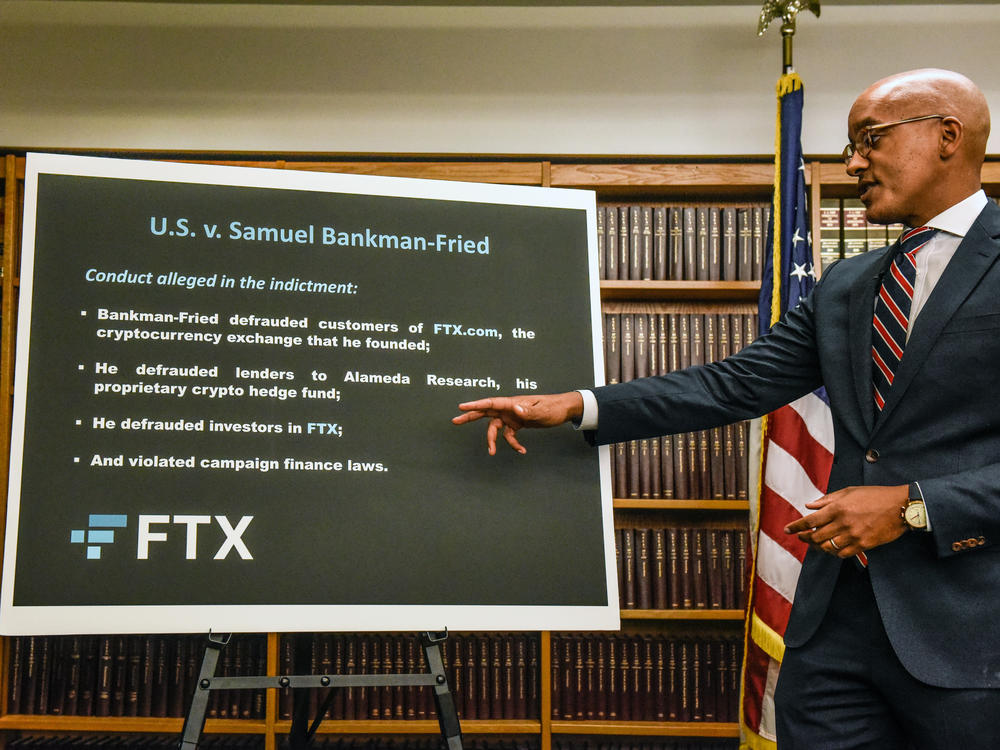 Damian Williams, U.S. attorney for the Southern District of New York, announces the indictment of Samuel Bankman-Fried in New York City on Dec. 13, 2022. SBF has been accused of orchestrating one of the largest financial frauds in history.