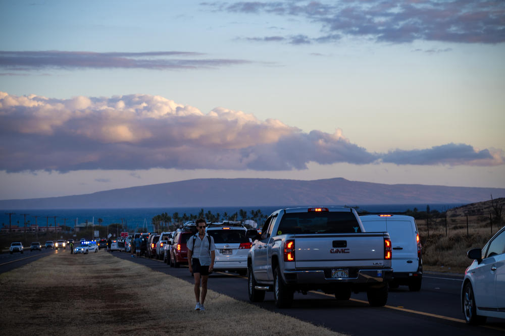 Traffic backs up outside Lahaina.
