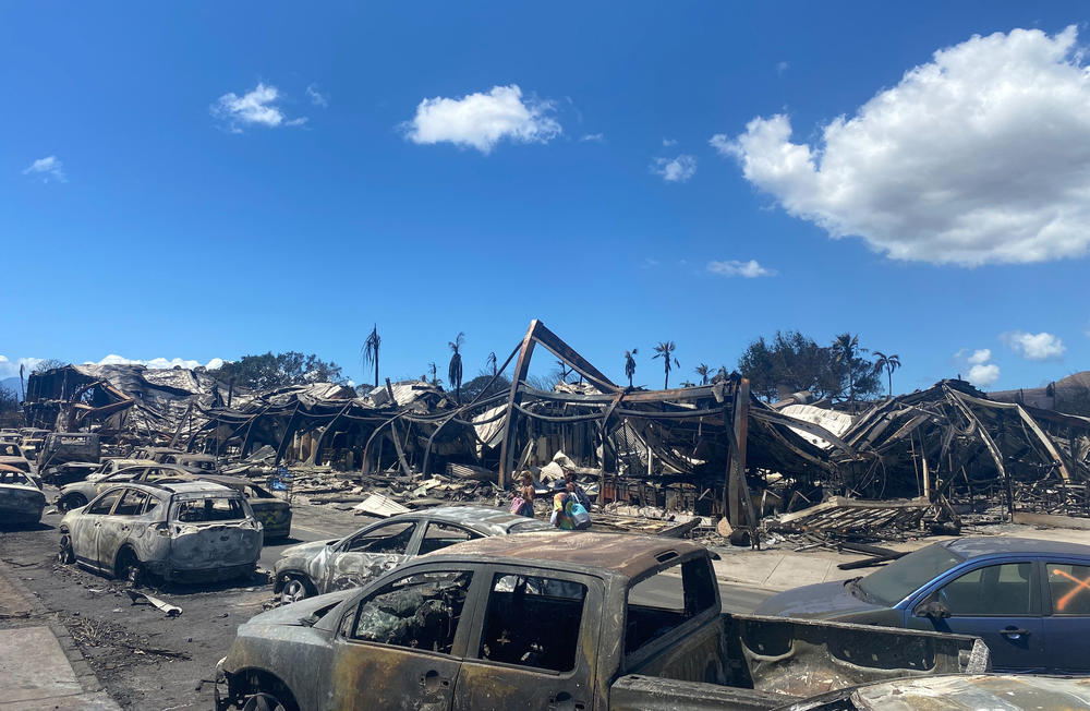 Burned cars, destroyed buildings and homes are pictured in the aftermath of a wildfire in Lahaina.