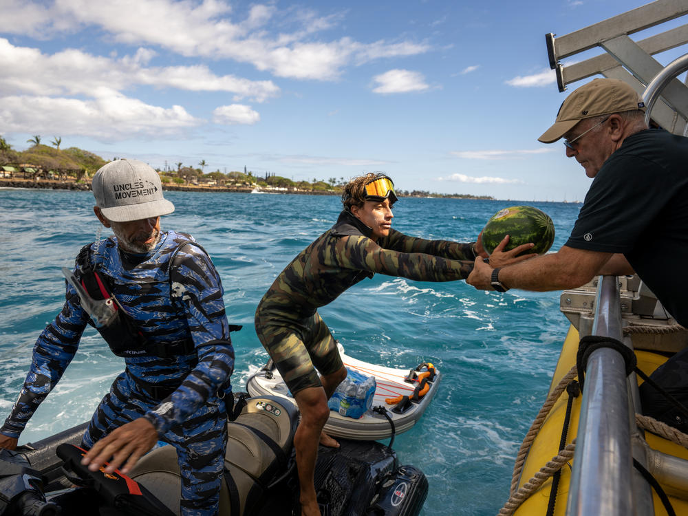 John Picard hands a watermelon to Ridge Lenny as part of the donated items he and other members of the local surfing community are helping transport to Lahaina residents in need.