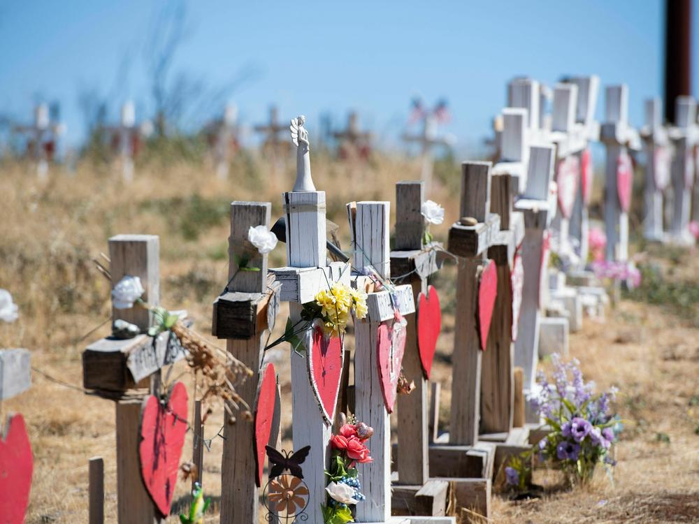 Crosses line the road to remember the people who died as a result of the Camp Fire in Paradise, Calif.