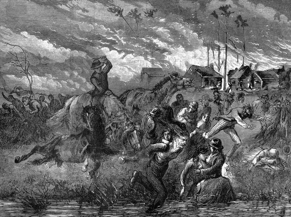 An illustration shows people trying to flee the fire of Peshtigo in Wisconsin in 1871.