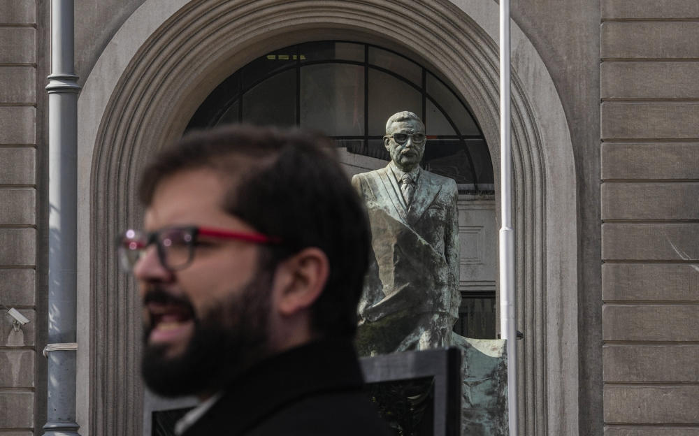 A statue of Salvador Allende stands outside La Moneda presidential palace, where Chilean President Gabriel Boric holds an event on May 19, 2023.