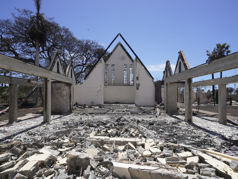 The destroyed Waiola Church is shown following wildfire, Friday, Aug. 11, 2023, in Lahaina.