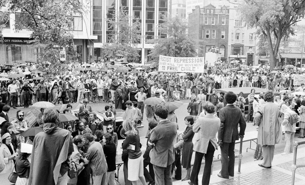 Demonstrators gather in Washington, D.C., on Sept. 26, 1976, to protest the killing of former Chilean Ambassador Orlando Letelier. Letelier and Ronni Moffitt were killed in a car bombing.