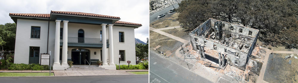 Left: Old Lahaina Courthouse before the fire. Right: This aerial photo shows destroyed Old Courthouse in Lahaina.