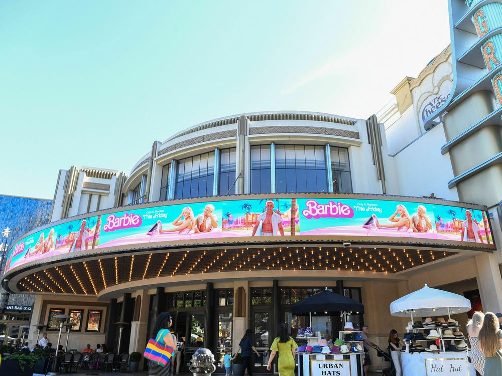 The marquee at The Grove theater in Los Angeles announces the opening of <em>Barbie</em> in July 2023.
