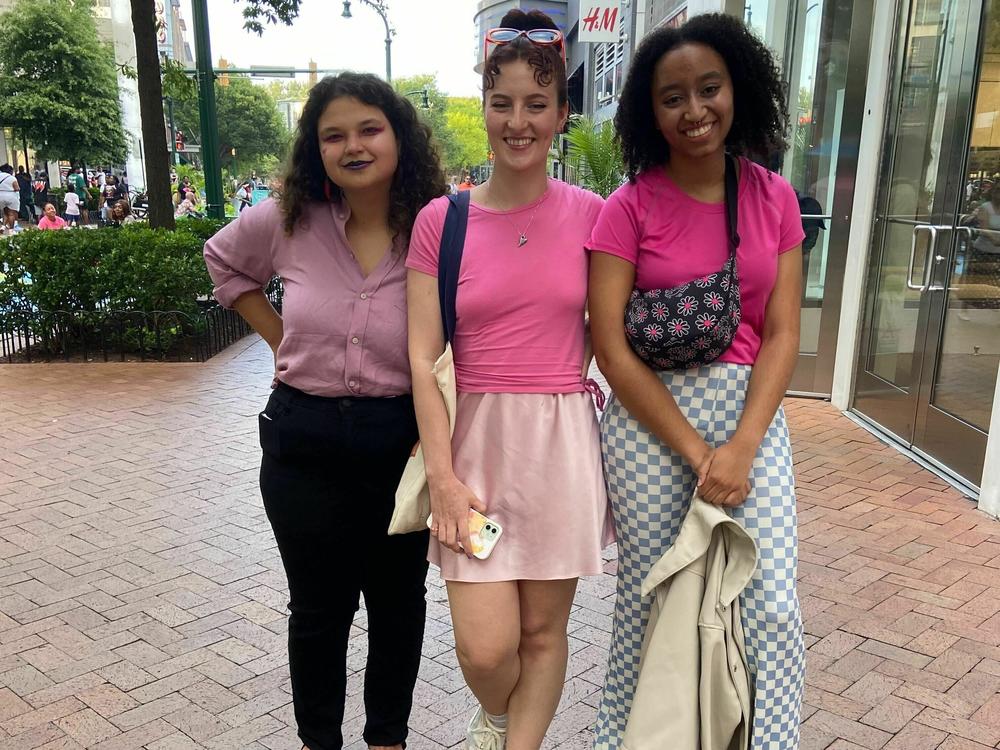 Friends Elia Safir, (left), Sarah Krekel and Maya Peak saw <em>Barbie</em> at the Regal in Silver Spring, Md. Peak says she might go to the theater more often, 