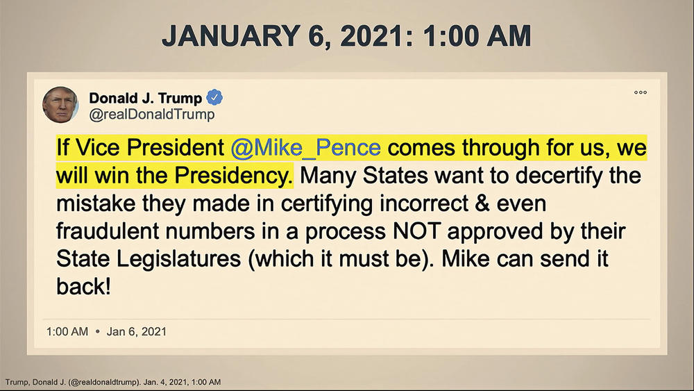 In this image from video, a Tweet is displayed for senators during the second impeachment trial of former President Donald Trump on Feb. 10, 2021. This tweet was also used mentioned in the Georgia indictment against Trump this week.