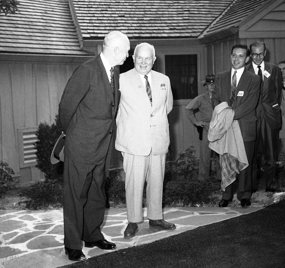 President Dwight Eisenhower and Soviet Premier Soviet Premier Nikita Khrushchev outside the main lodge at Camp David on Sept. 25, 1959.