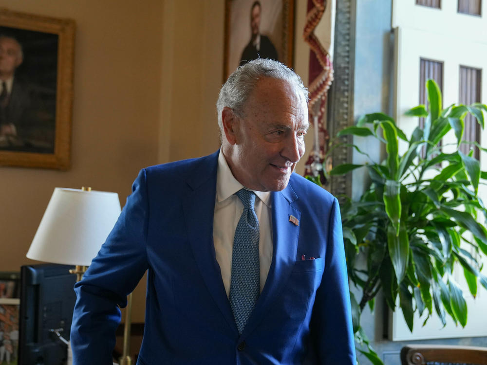 Senate Majority Leader Chuck Schumer speaks to NPR about the Democrats' upcoming plans with the Inflation Reduction Act, at the Capitol, on Aug. 16.