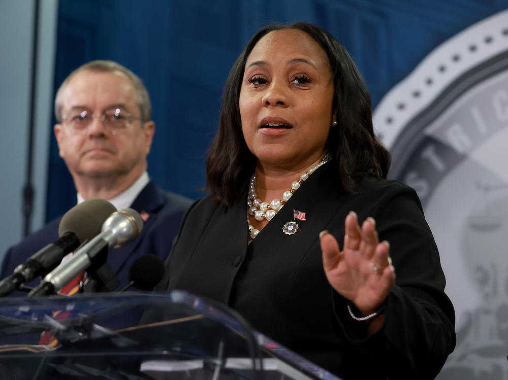 Fulton County District Attorney Fani Willis speaks during a news conference at the Fulton County Government building on Aug. 14, 2023 in Atlanta, Georgia.