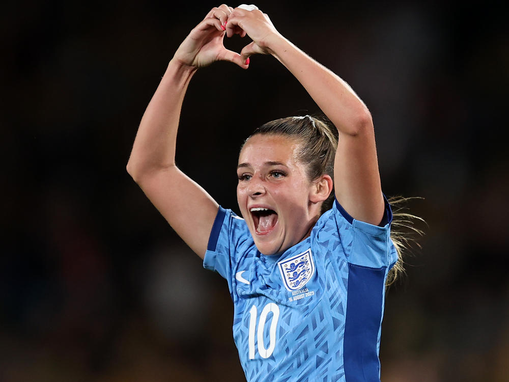 Ella Toone of England celebrates after scoring her team's first goal in the FIFA Women's World Cup semifinal against Australia in Sydney. England turned away a late challenge to win, 3-1.