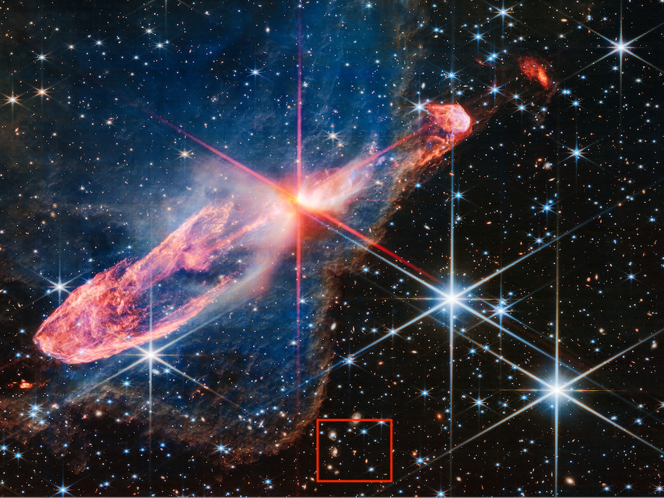 A new photo from the James Webb Space Telescope shows a tightly bound pair of actively forming stars (at the center of the red spikes). But many people are more curious about the question mark-shaped structure highlighted at the bottom middle of the frame.