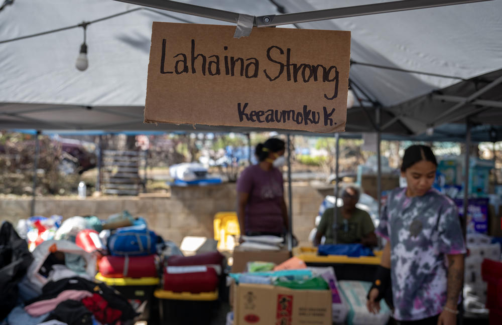Keeamoku and Uilani Kapu run the Na 'Aikane o Maui Cultural and Research Center which was burned to the ground in the wildfires so they set up this grassroots community distribution center in Lahaina.