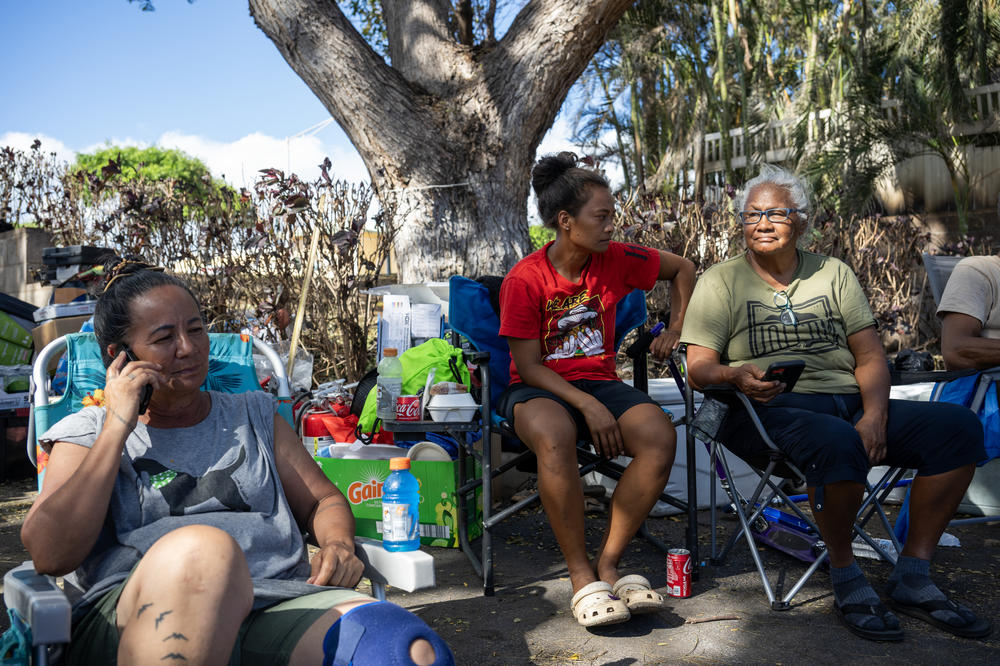 The family of Keeamoku and Uilani Kapu run the Na 'Aikane o Maui Cultural and Research Center which was burned to the ground in the wildfires so they set up this grassroots community distribution center in Lahaina.
