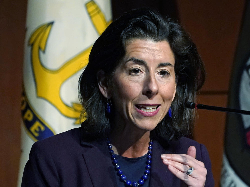 Commerce Secretary Gina Raimondo speaks during an address at Brown University on March 15, 2022, in Providence, R.I.