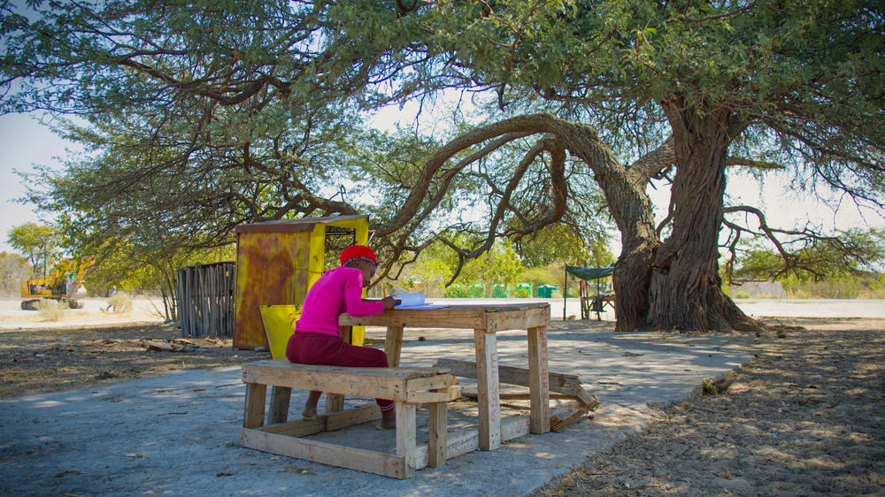 Stepping under the shade of a tree, and out of the sun, lowers your body temperature. A teenage girl does her school work under a tree while watching over a shop selling necessities.