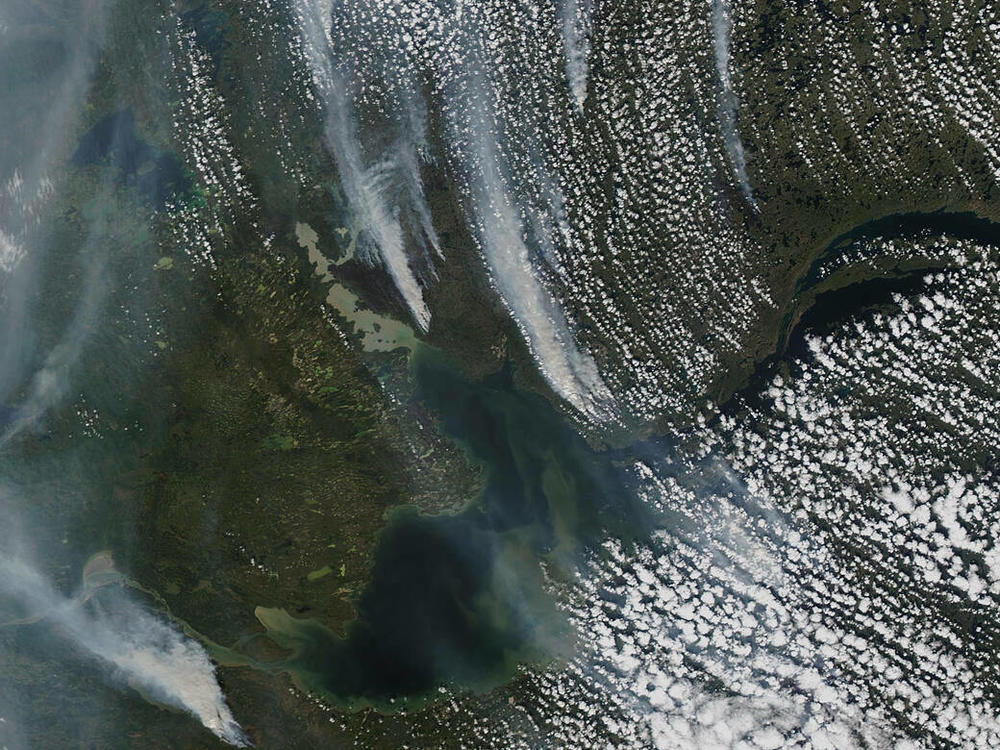 Wildfires outside of Yellowknife, the capital of Canada's Northwest Territories, as seen from space on Tuesday. As of Thursday the fires are less than 10 miles outside of the city.
