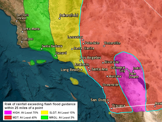 A flash flood risk map associated with Hurricane Hilary, as it approaches Southern California on Sunday.