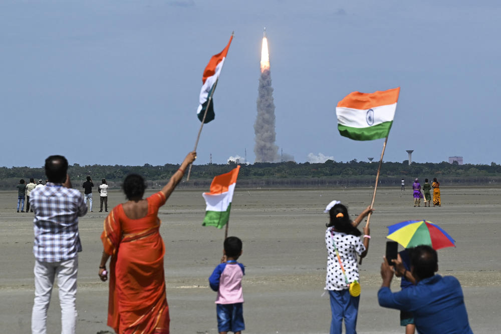 The Chandrayaan-3 spacecraft lifts off from the Satish Dhawan Space Centre in Sriharikota on July 14, 2023. This will be India's second attempt to land on the moon in recent years.