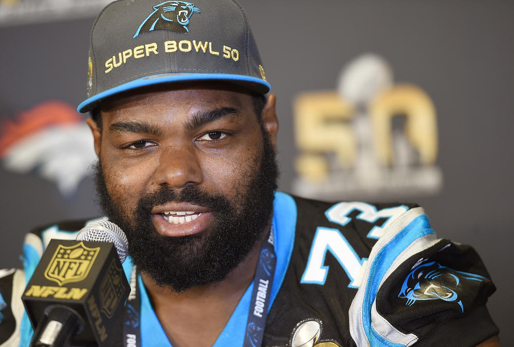 Tackle Michael Oher #73 of the Carolina Panther addresses the media prior to Super Bowl 50 at the San Jose Convention Center/ San Jose Marriott on February 2, 2016 in San Jose, Calif.