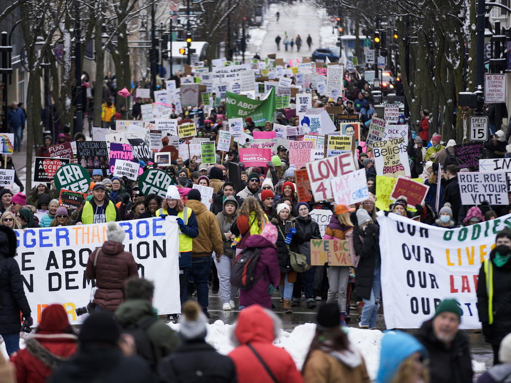 Protesters make their way to the Wisconsin Capitol Rotunda during a march to support overturning Wisconsin's near total ban on abortion on Jan. 22 in Madison, Wis.