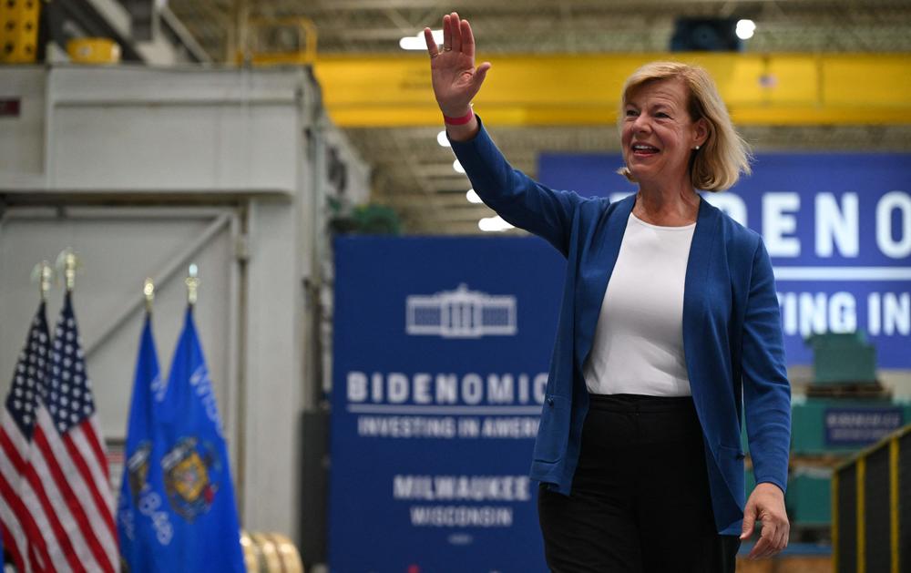 Sen. Tammy Baldwin, D-Wis., arrives to speak at an event on 