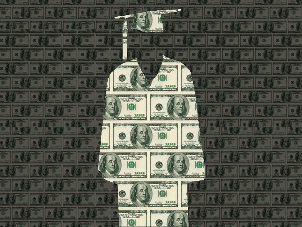 College graduation cap and gown made of $100 bill