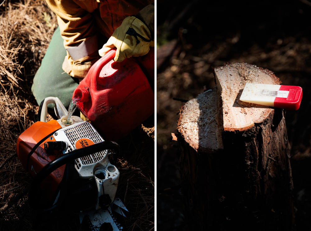 Members of the National Guard's Task Force Rattlesnake use chainsaws, axes and chippers to remove deadwood that could fuel a fire.