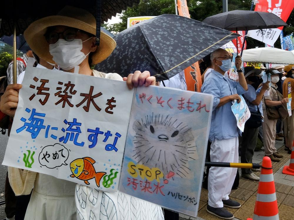 A protester, left, holds signs reading 