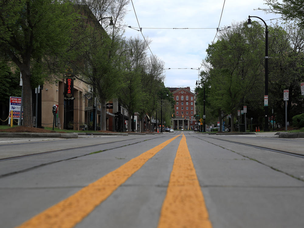 An empty street in Charlotte, North Carolina in April 2020 when the pandemic lockdown was in force.