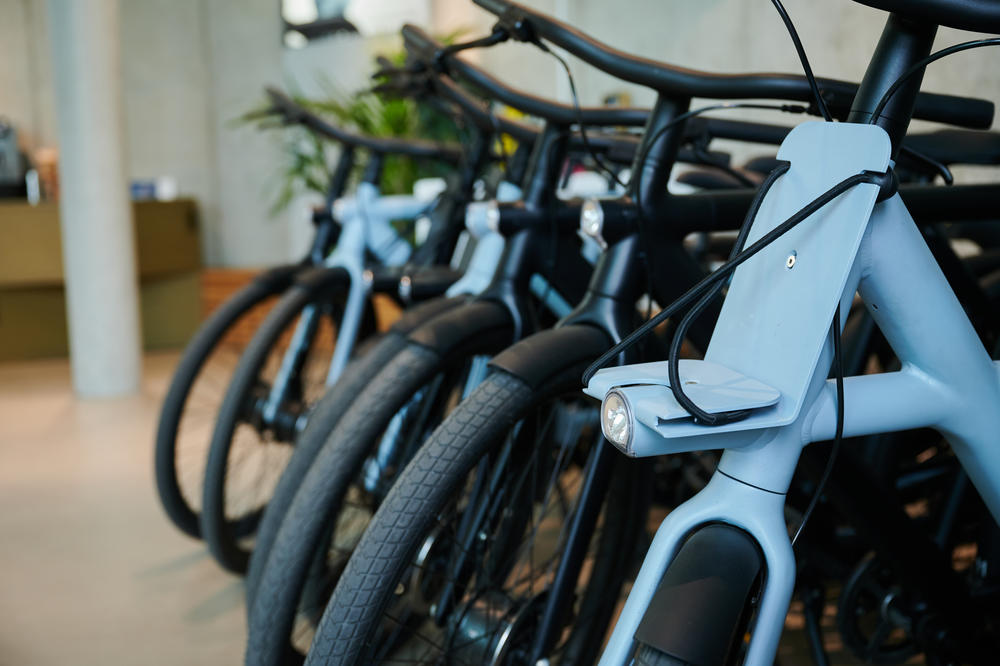 Bicycles from the VanMoof company stand in the store at Rosa-Luxemburg-Platz in Berlin, Germany, in March 2022.